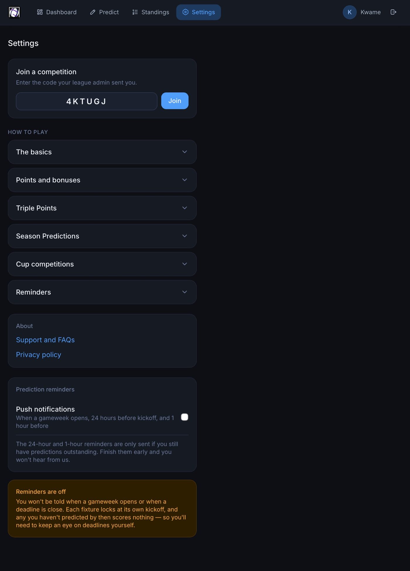 Joining a competition with a code