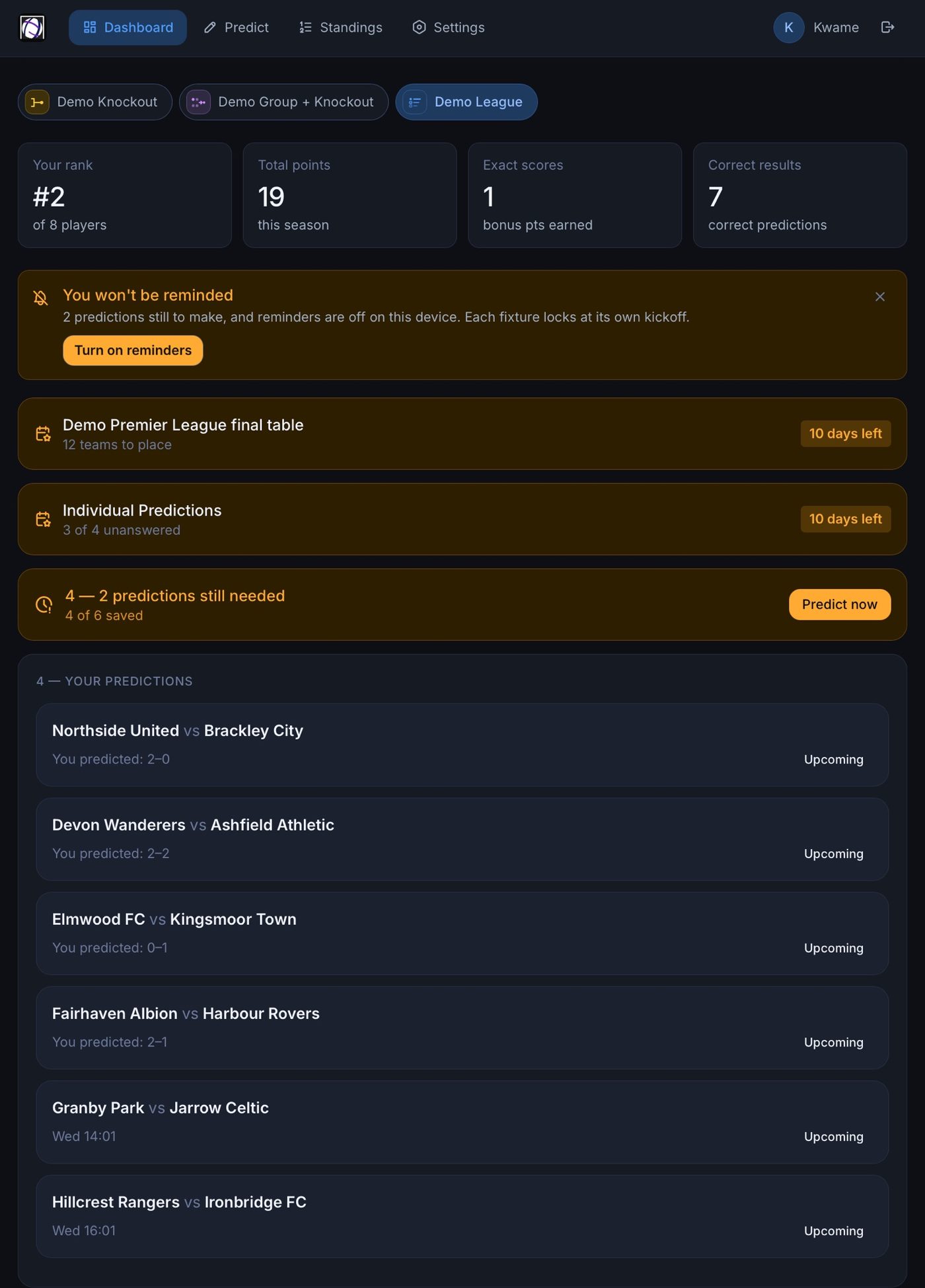 The dashboard showing rank, points and outstanding predictions